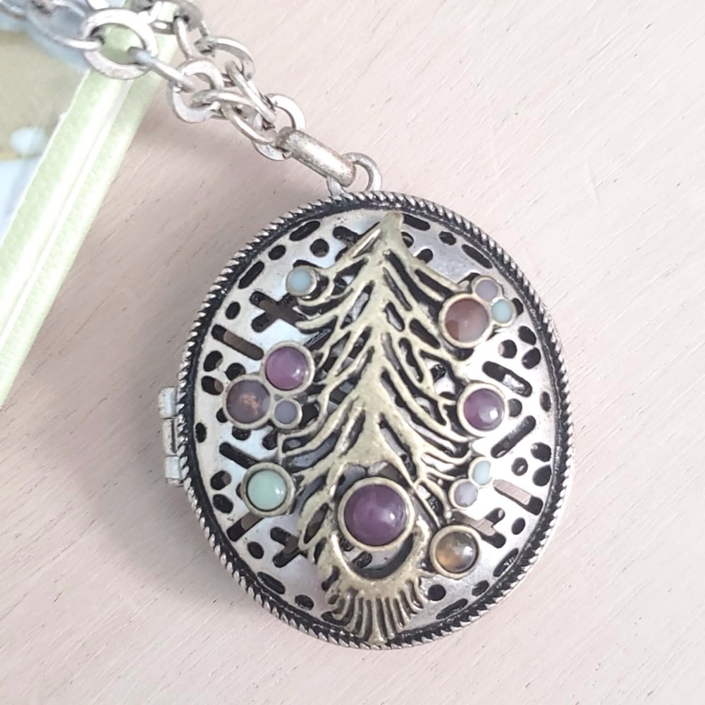 Vintage Silvertone Perfume Oil Diffuser Necklace Peacock Feather Stone Brass